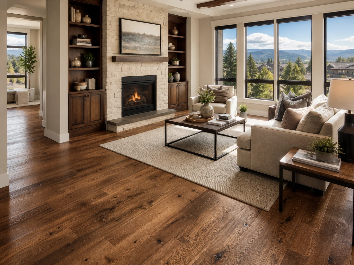 Finished hardwood flooring in a bright living room