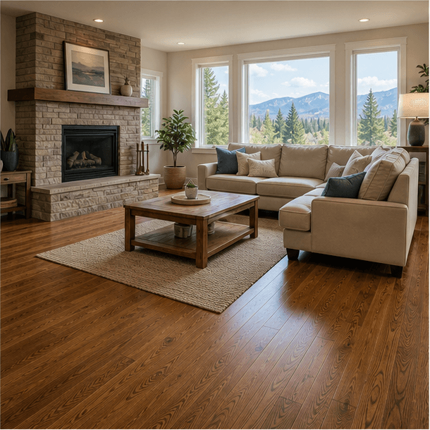 Finished hardwood flooring in a bright residential living room