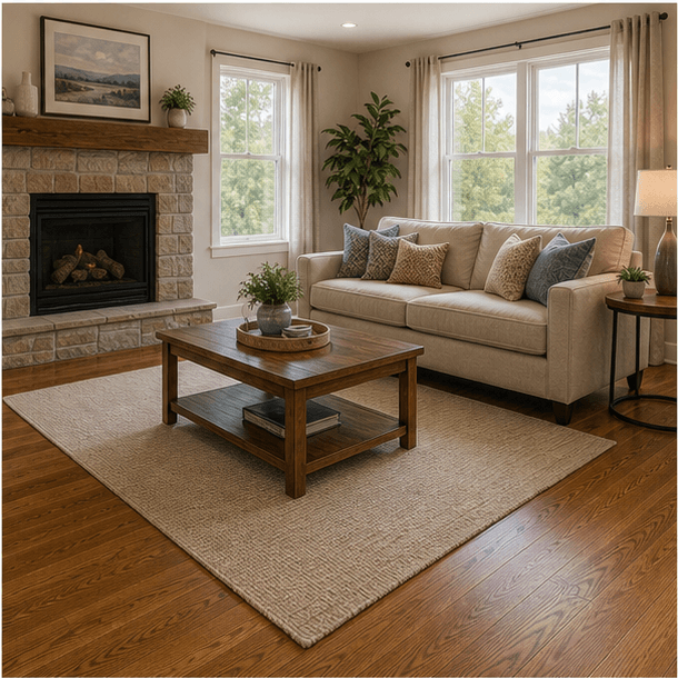 Finished hardwood flooring in a bright residential living room