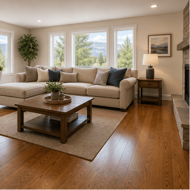 Finished hardwood flooring in a bright residential living room