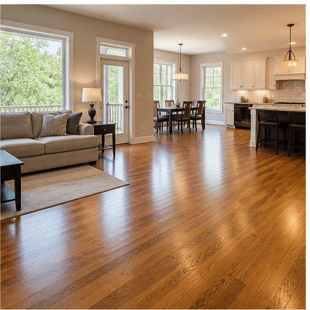 Finished hardwood flooring in a bright home interior