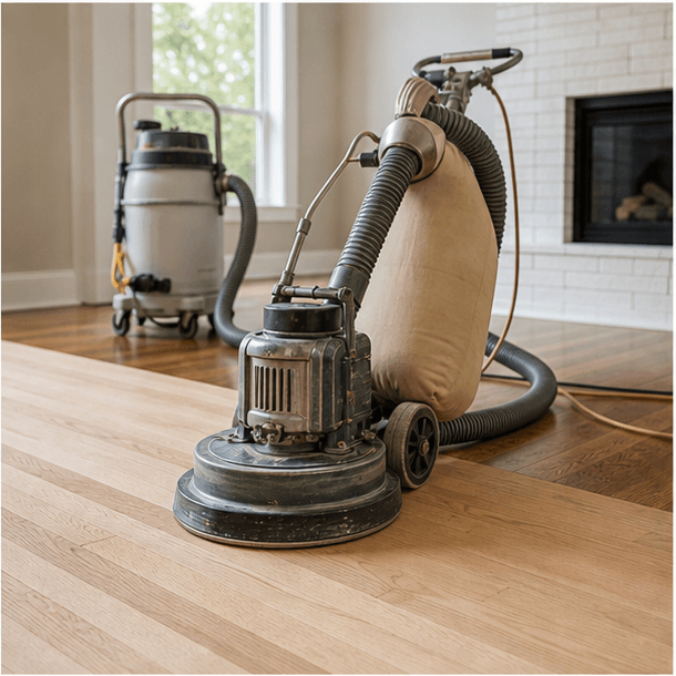 Dustless hardwood floor sanding equipment in use inside a home