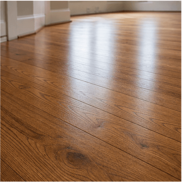 Detailed view of a clean, newly refinished hardwood floor