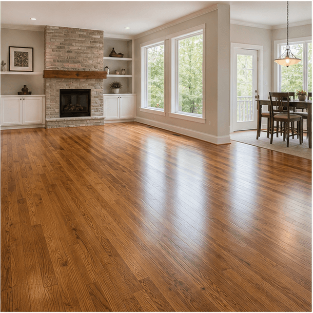 Freshly refinished hardwood floors with natural warm tones