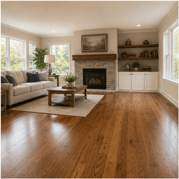 Finished hardwood flooring in a bright living room