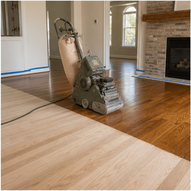 Hardwood floor sanding and finishing process in a Denver-area home